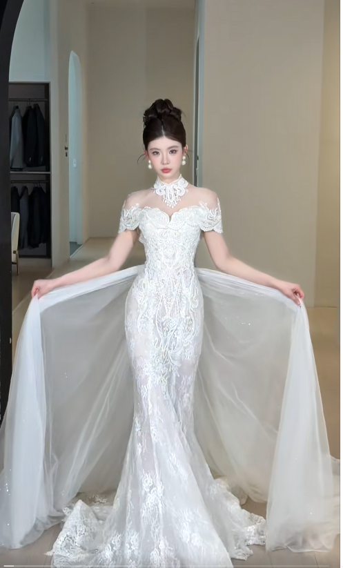 Timeless Mermaid Long Wedding Dresses, Short-sleeved White Bridal Gowns, Lace Bridal Dresses DP3976