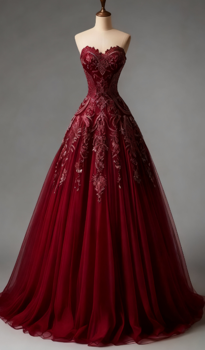 Elegant V-neck A-line Burgundy Long Prom Dresses Tulle Burgundy Evening Dresses DP3981