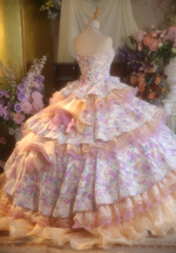 Cute Strapless Ball Gown Floral Long Prom Dresses Pink Quinceanera Dresses Sweet 16 Dress DP3995