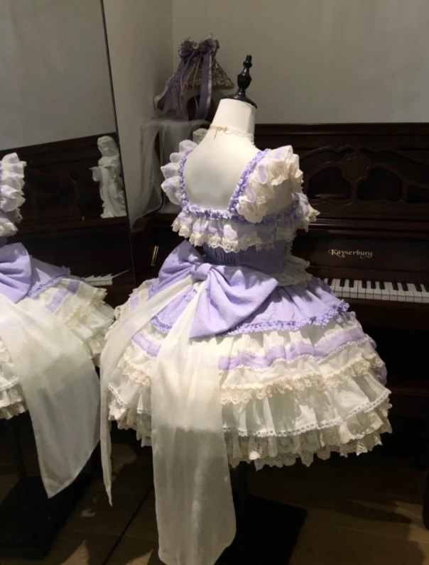 Sweet Straps Ball Gown Tulle Purple Short Birthday Dresses Cute Lace Bow Purple Lolita Dresses DP3997