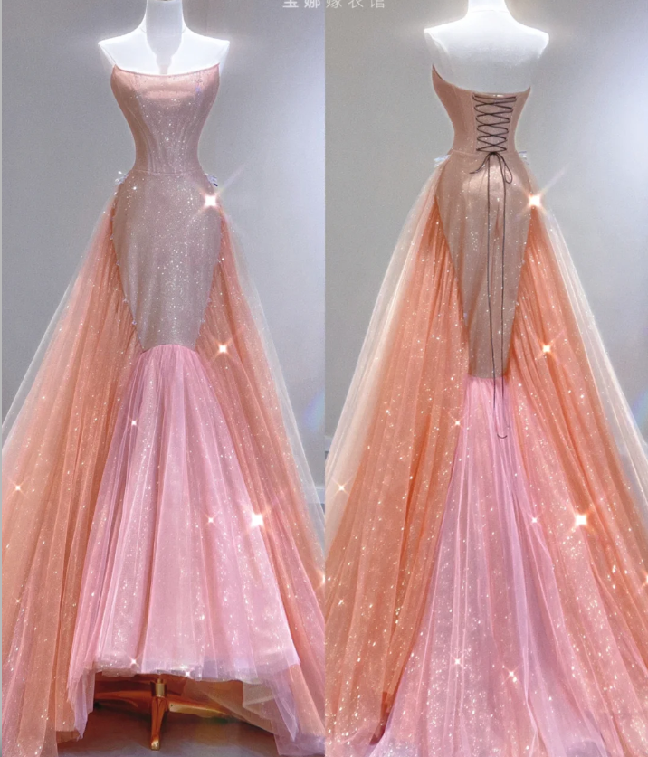 Classy Mermaid Strapless Sequin Long Pink Prom Dresses Graduation Dress High School Classy Evening Dresses DP402