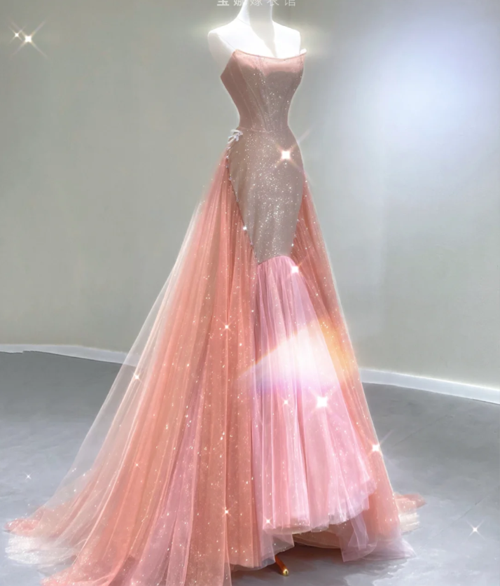Classy Mermaid Strapless Sequin Long Pink Prom Dresses Graduation Dress High School Classy Evening Dresses DP402