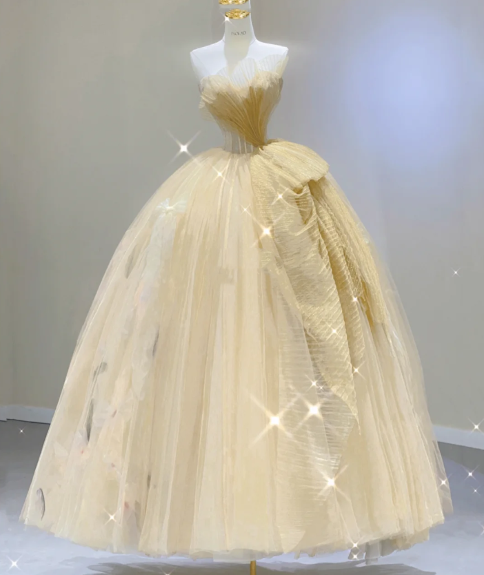 Modest Ball Gown Strapless Yellow Tulle Long Prom Dresses High School Outfits Graduation Dress Evening Dresses DP404