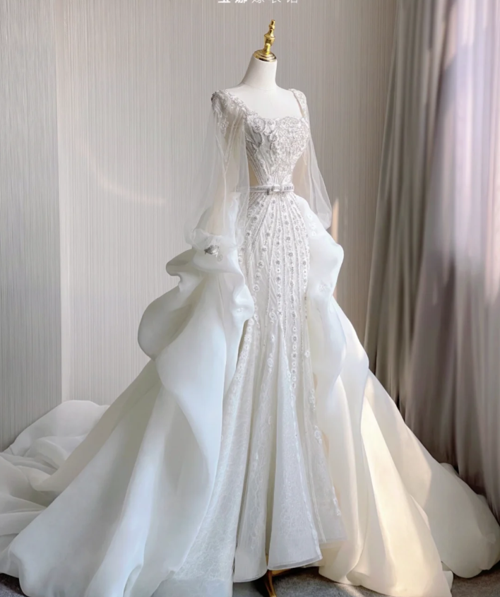 Luxury Mermaid Square Neckline Long White Wedding Dresses Brides Dress DP407