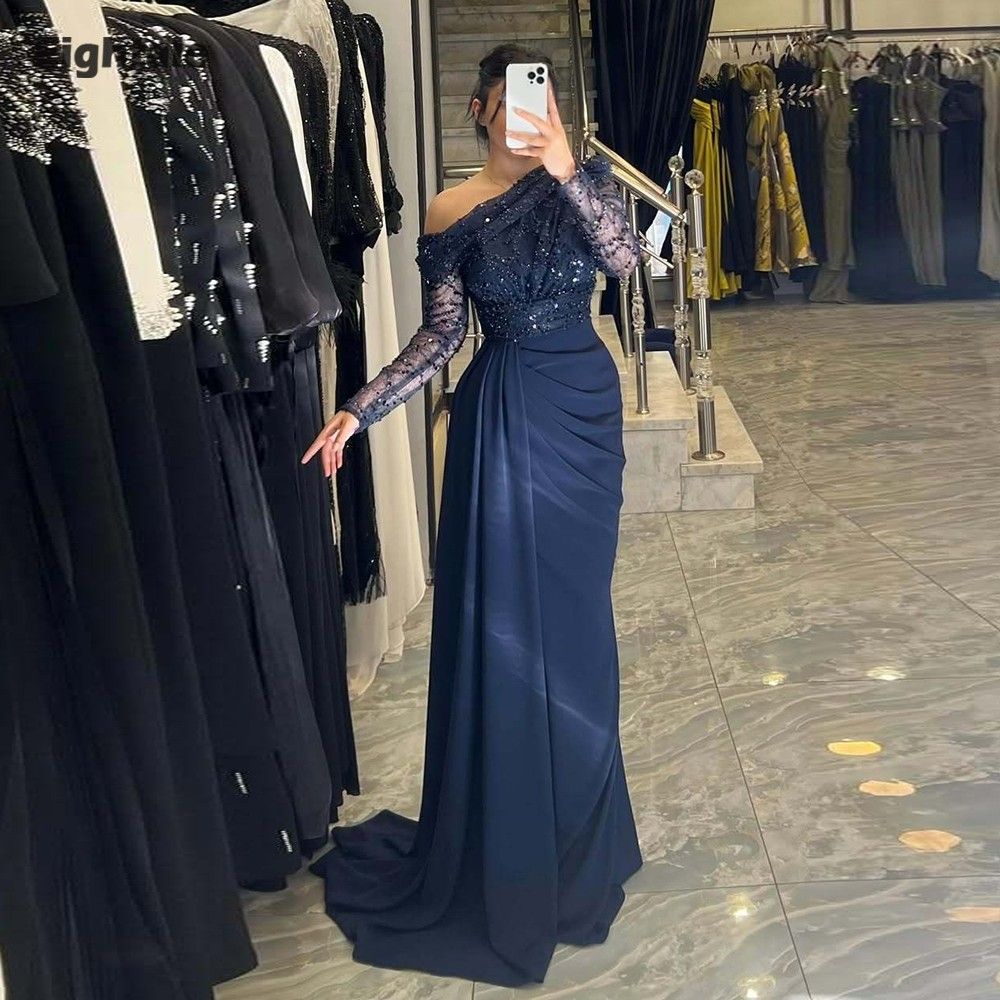 Glam One-Shoulder Sheath Long Prom Dresses, Beaded Chiffon Navy Blue Evening Dresses, Long Sleeve Wedding Guest Dresses DP04071