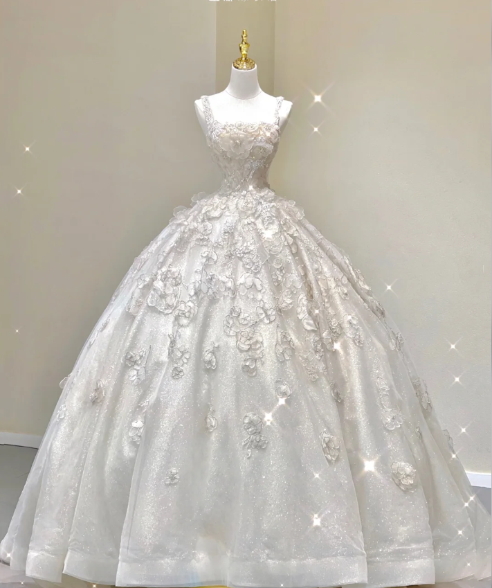 Unique Ball Gown Square Neckline Lace Long White Wedding Dresses Brides Dress DP421