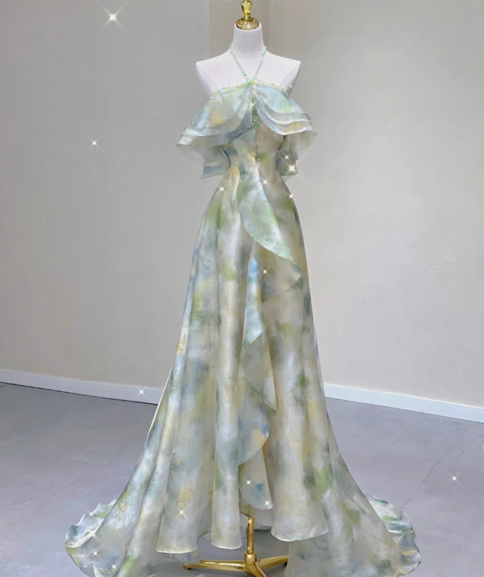 Edles A-Linie Neckholder Ärmelloses Chiffon High School Abendkleid Langes Grünes Ballkleid DP427