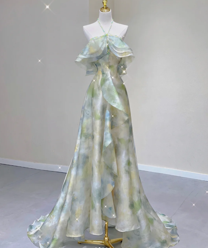 Edles A-Linie Neckholder Ärmelloses Chiffon High School Abendkleid Langes Grünes Ballkleid DP427