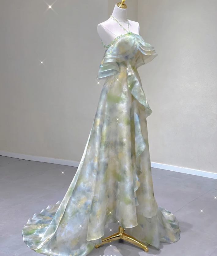 Edles A-Linie Neckholder Ärmelloses Chiffon High School Abendkleid Langes Grünes Ballkleid DP427