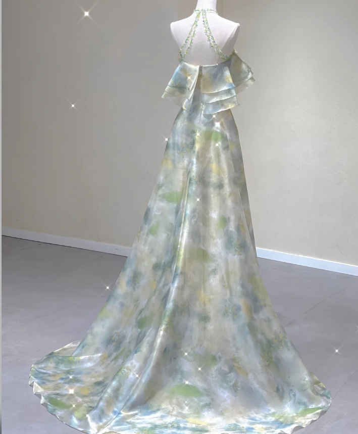 Edles A-Linie Neckholder Ärmelloses Chiffon High School Abendkleid Langes Grünes Ballkleid DP427