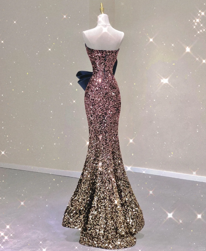 Pretty Mermaid Strapless Long Sequin Prom Dresses Graduation Dress High School Classy Evening Dresses DP428