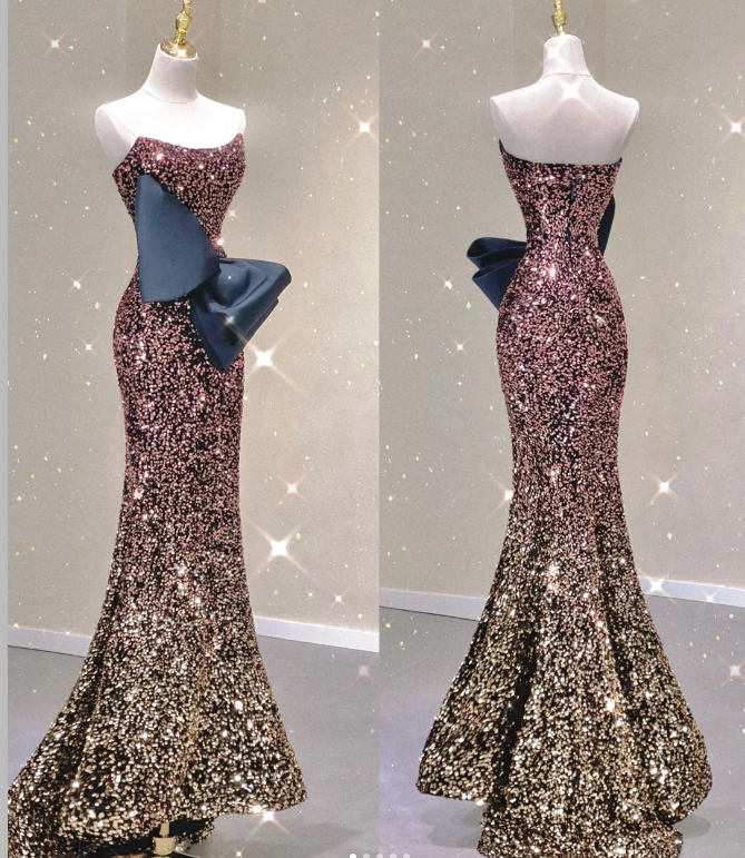 Pretty Mermaid Strapless Long Sequin Prom Dresses Graduation Dress High School Classy Evening Dresses DP428
