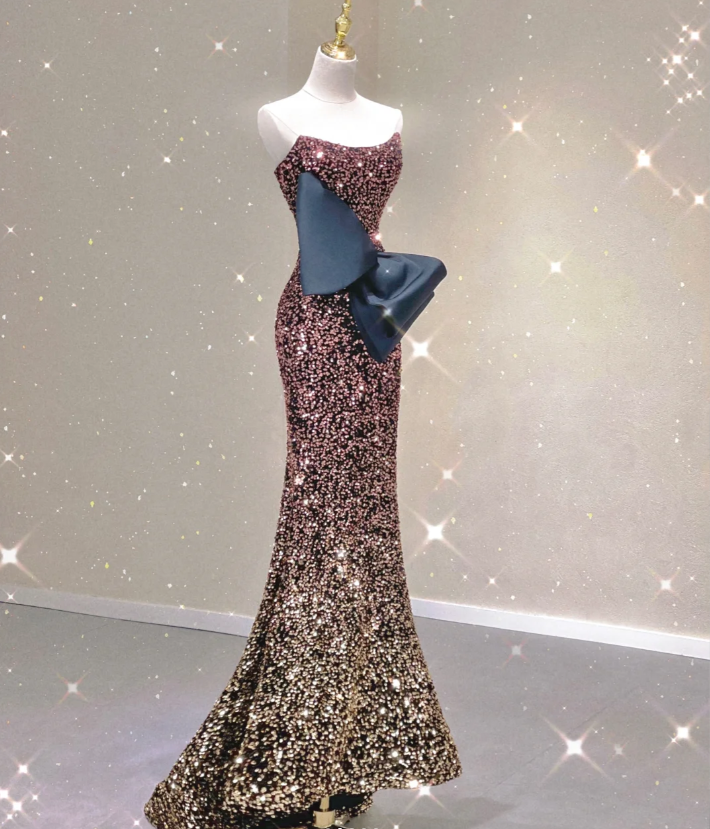 Pretty Mermaid Strapless Long Sequin Prom Dresses Graduation Dress High School Classy Evening Dresses DP428