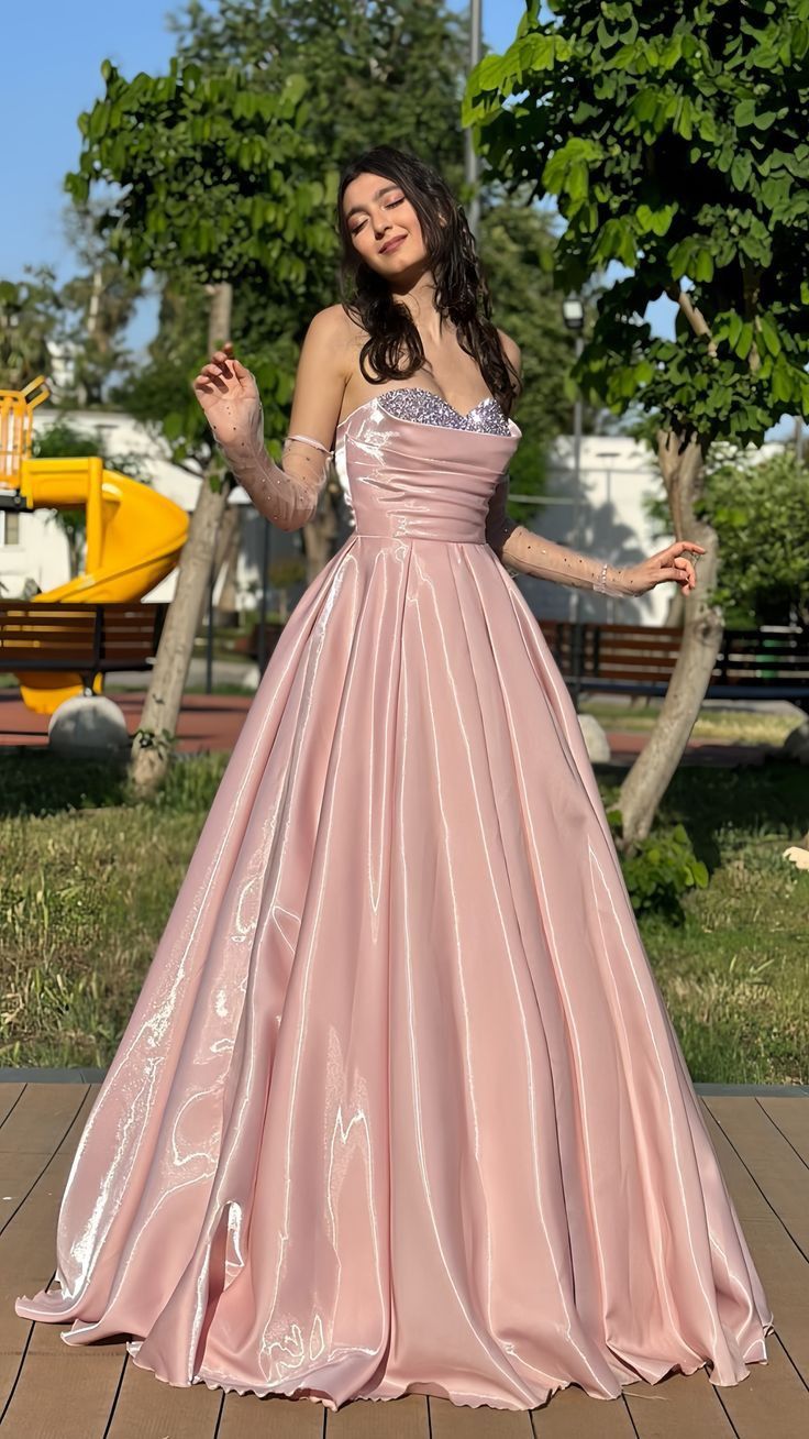 Gorgeous Strapless A-Line Long Prom Dresses Satin Pink Birthday Dresses Sleeveless Party Dresses DP4295