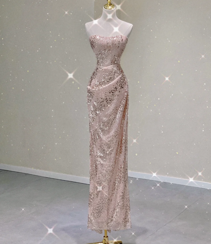 Pretty Sheath Strapless Long Sequin Prom Dresses Graduation Dress High School Classy Evening Dresses DP433