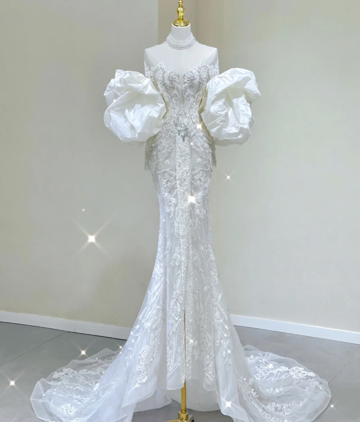 Luxury Mermaid High Neckline Long Sleeves Lace White Wedding Dresses Brides Dress DP437