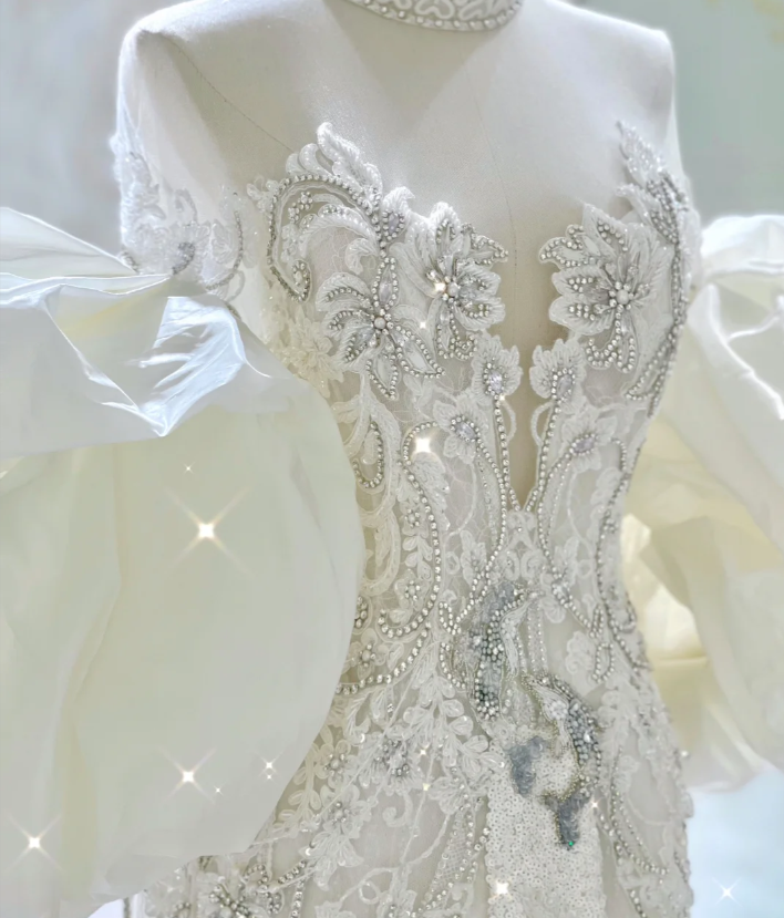 Luxury Mermaid High Neckline Long Sleeves Lace White Wedding Dresses Brides Dress DP437