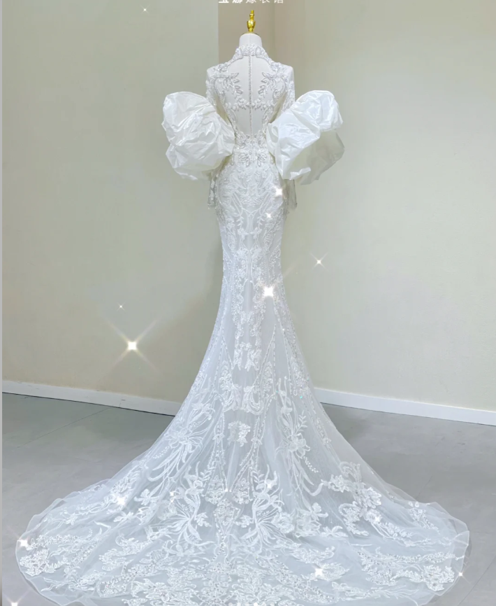 Luxury Mermaid High Neckline Long Sleeves Lace White Wedding Dresses Brides Dress DP437