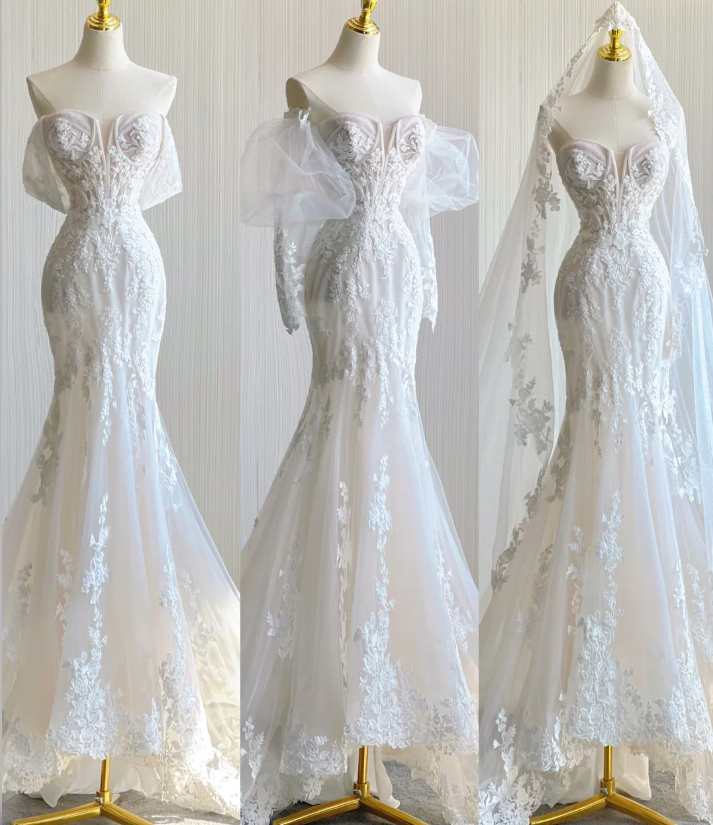 Robe de mariée sirène élégante et chic en dentelle blanche, décolleté en cœur, DP441