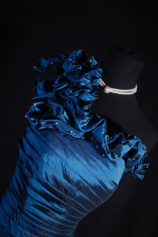 Fairy One-shoulder Birthday Dresses Mermaid Blue Long Prom Dresses Satin Sleevless Evening Dresses DP4426