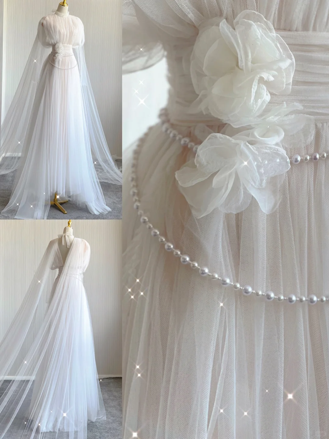 Robe de mariée longue en tulle, décolleté haut, coupe trapèze, blanche, DP443