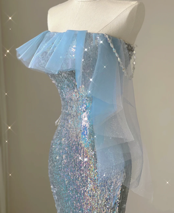 Pretty Mermaid Strapless Blue Sequin Long Silver Prom Dresses Evening Dresses DP450