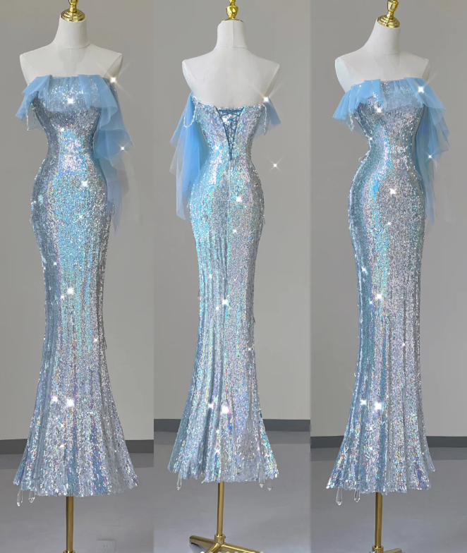 Pretty Mermaid Strapless Blue Sequin Long Silver Prom Dresses Evening Dresses DP450