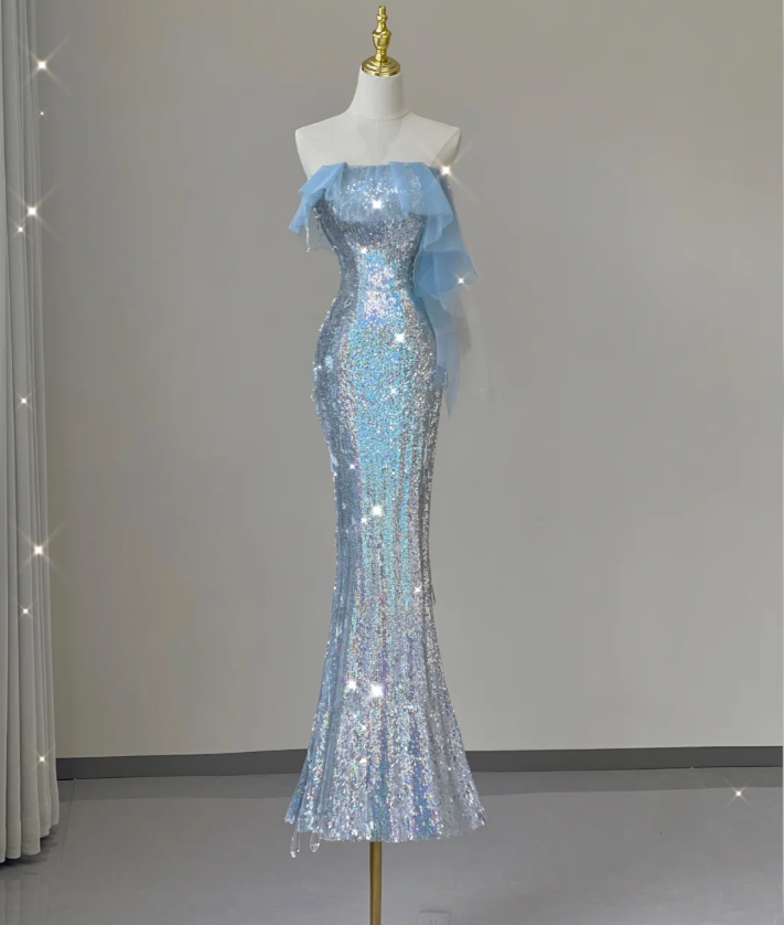 Pretty Mermaid Strapless Blue Sequin Long Silver Prom Dresses Evening Dresses DP450