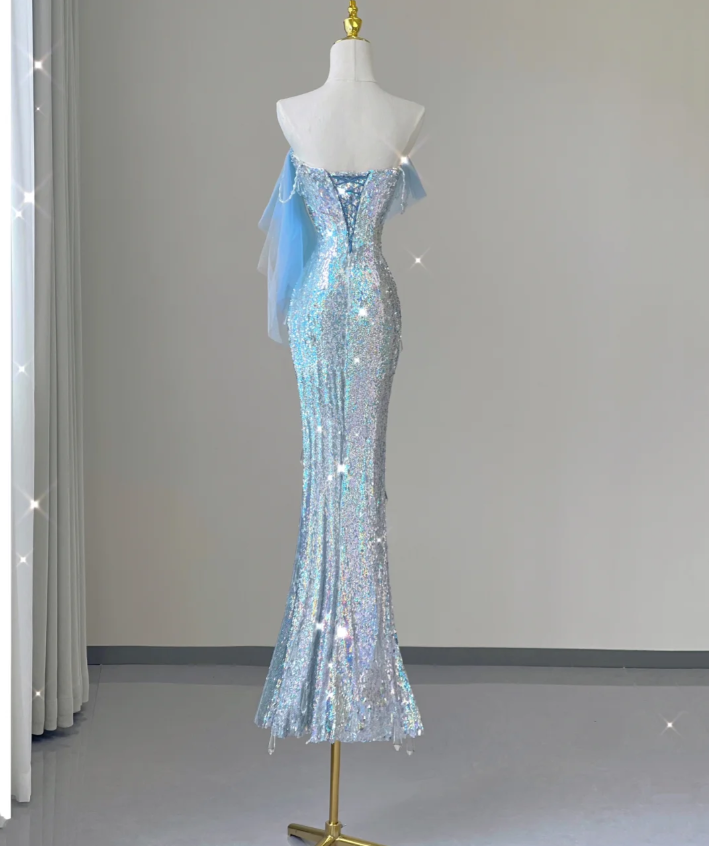 Pretty Mermaid Strapless Blue Sequin Long Silver Prom Dresses Evening Dresses DP450