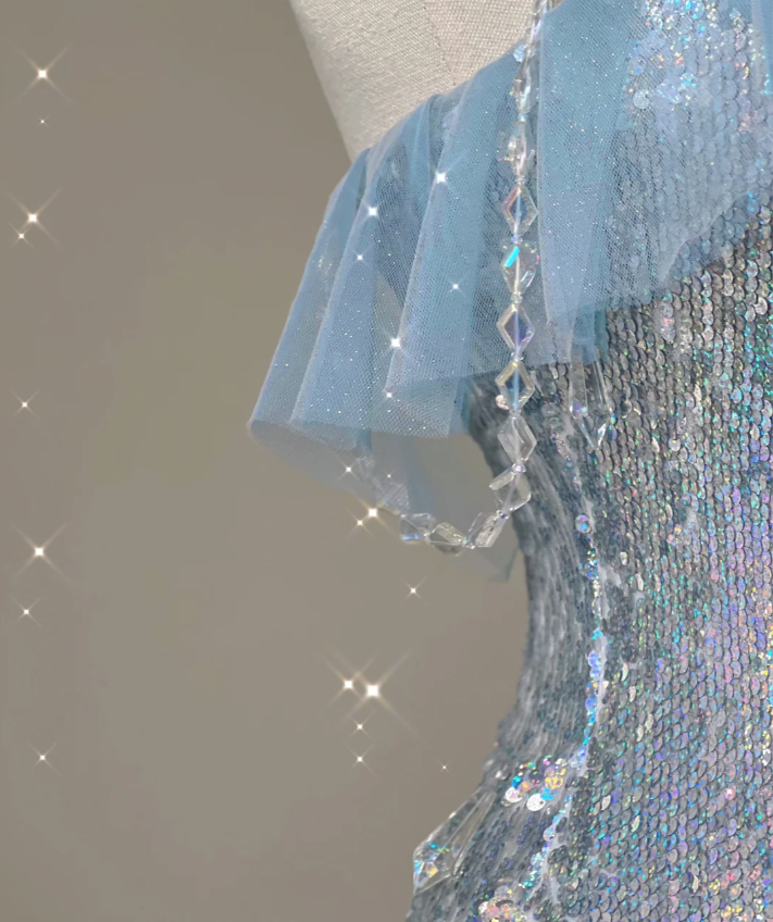 Pretty Mermaid Strapless Blue Sequin Long Silver Prom Dresses Evening Dresses DP450