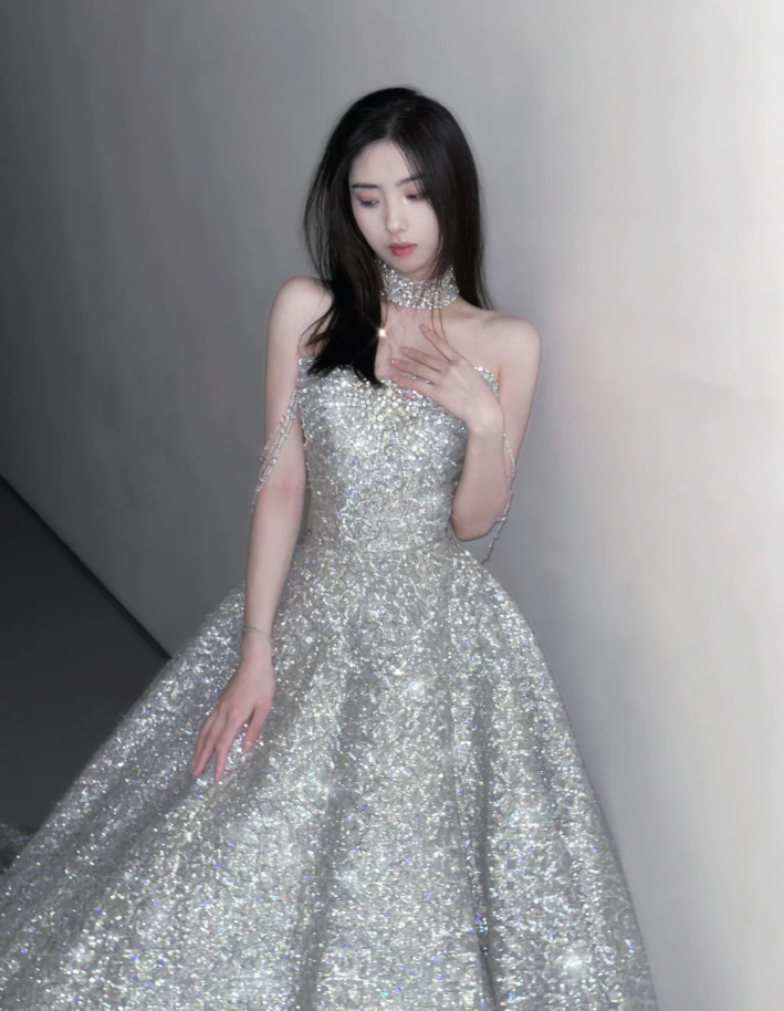 Pretty Ball Gown Strapless Sequin Long Silver Prom Dresses Sparkly Evening Dresses DP451