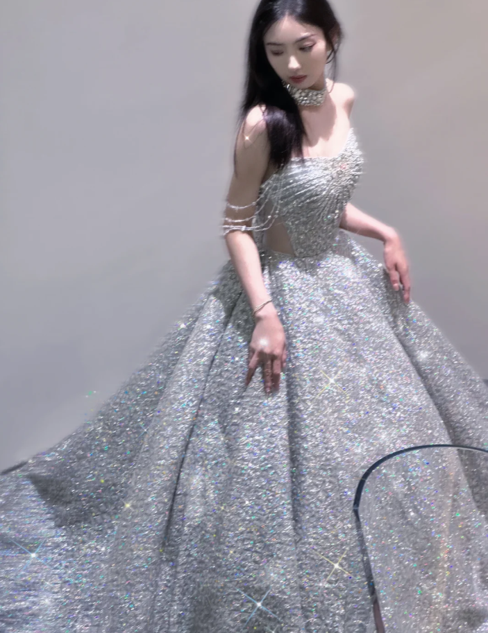 Pretty Ball Gown Strapless Sequin Long Silver Prom Dresses Sparkly Evening Dresses DP451