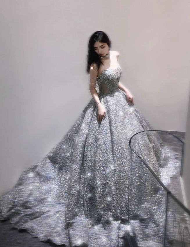 Pretty Ball Gown Strapless Sequin Long Silver Prom Dresses Sparkly Evening Dresses DP451
