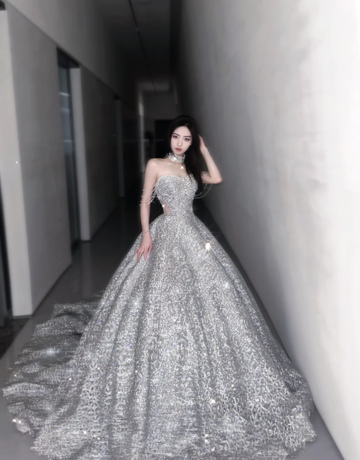 Pretty Ball Gown Strapless Sequin Long Silver Prom Dresses Sparkly Evening Dresses DP451