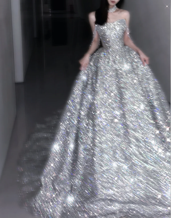 Pretty Ball Gown Strapless Sequin Long Silver Prom Dresses Sparkly Evening Dresses DP451