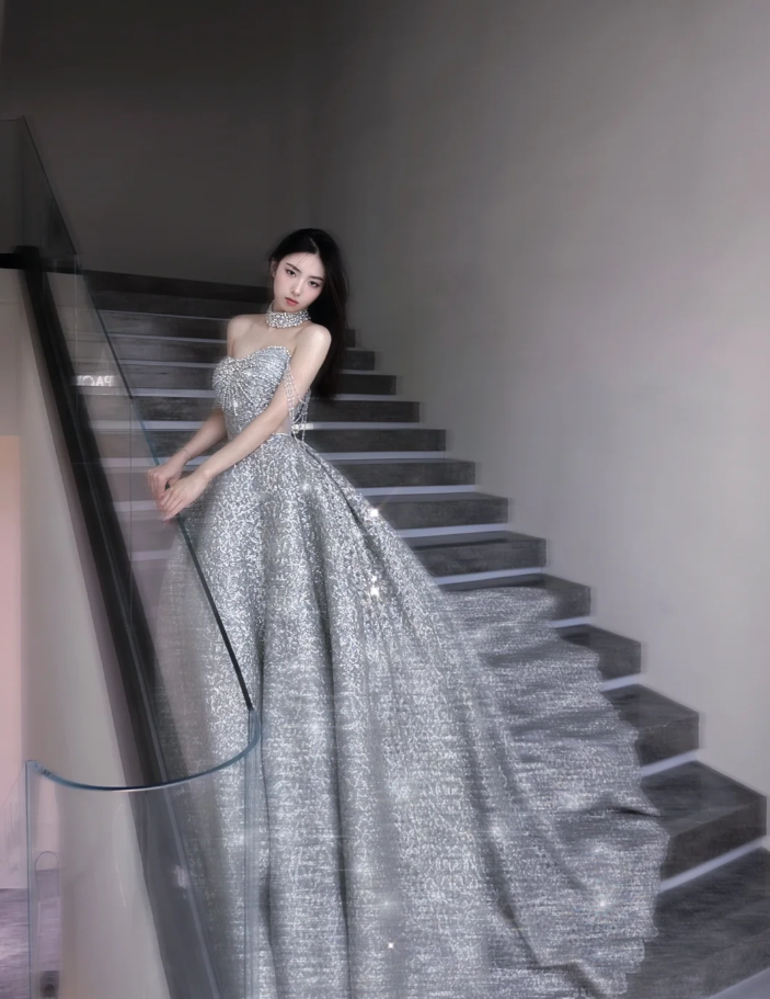 Pretty Ball Gown Strapless Sequin Long Silver Prom Dresses Sparkly Evening Dresses DP451