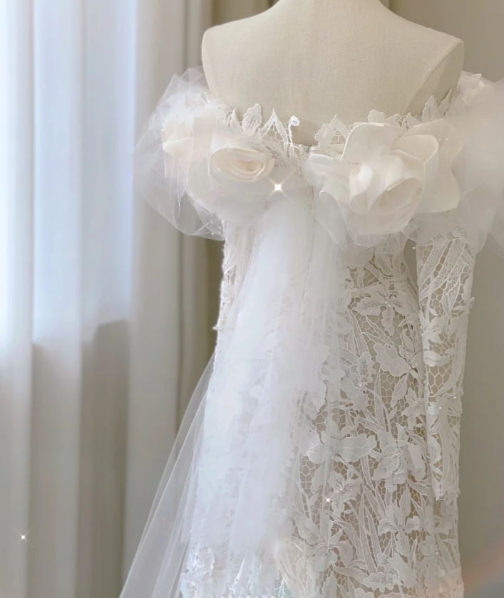 Classy Elegant Mermaid Off The Shoulder White Long Sleeves Flowers Wedding Dresses Brides Dress DP458