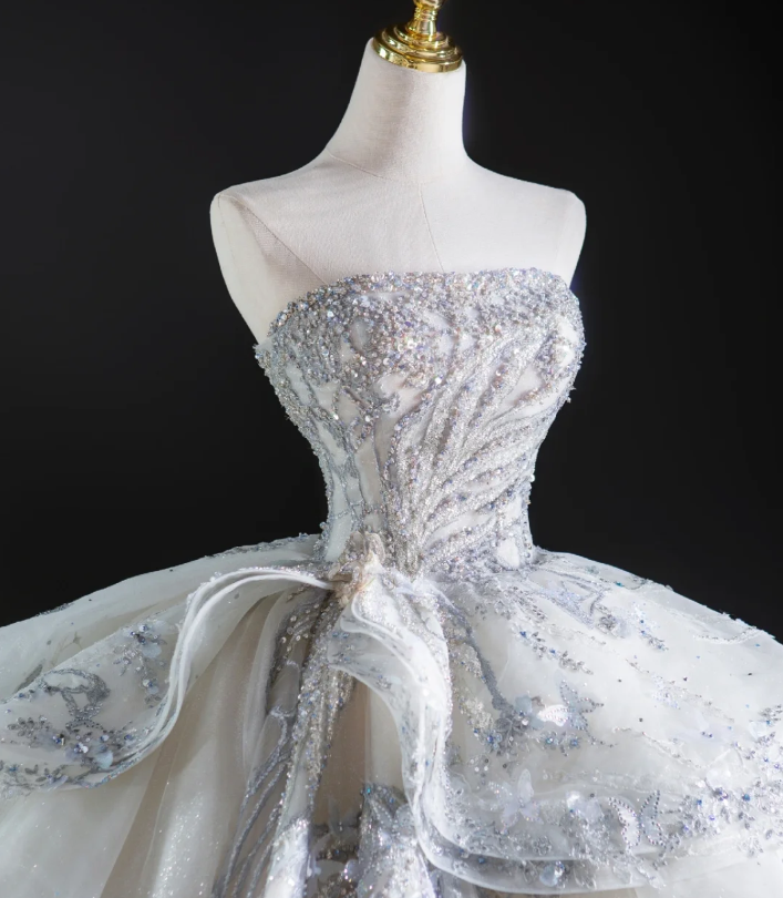Robe de mariée longue blanche à paillettes, robe de bal intemporelle, sans bretelles, DP460