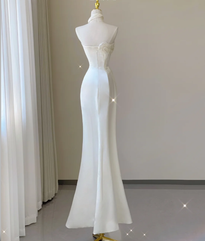 Robe de mariée sirène élégante et chic, asymétrique épaule dénudée, longue robe en satin blanc, DP462