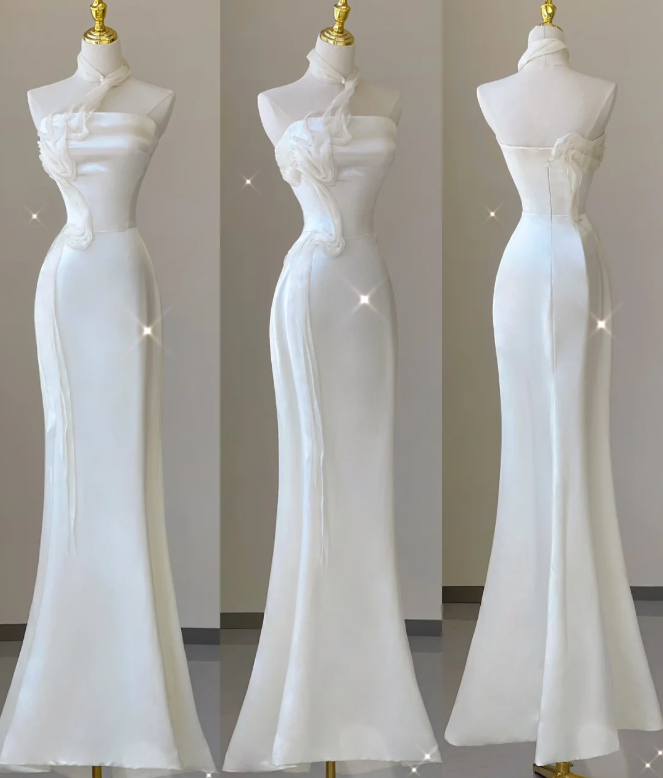 Robe de mariée sirène élégante et chic, asymétrique épaule dénudée, longue robe en satin blanc, DP462