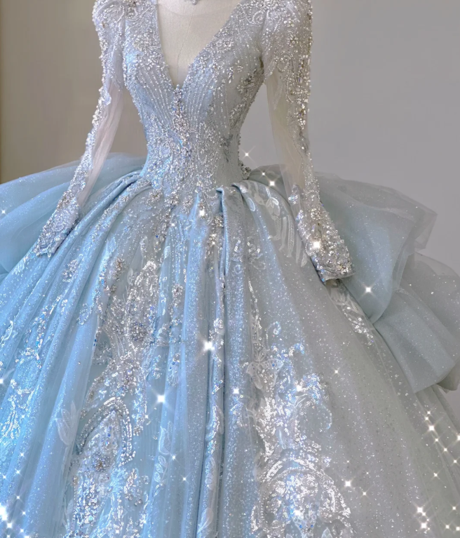 Robe de mariée intemporelle à manches longues et décolleté en V, paillettes bleues, DP465