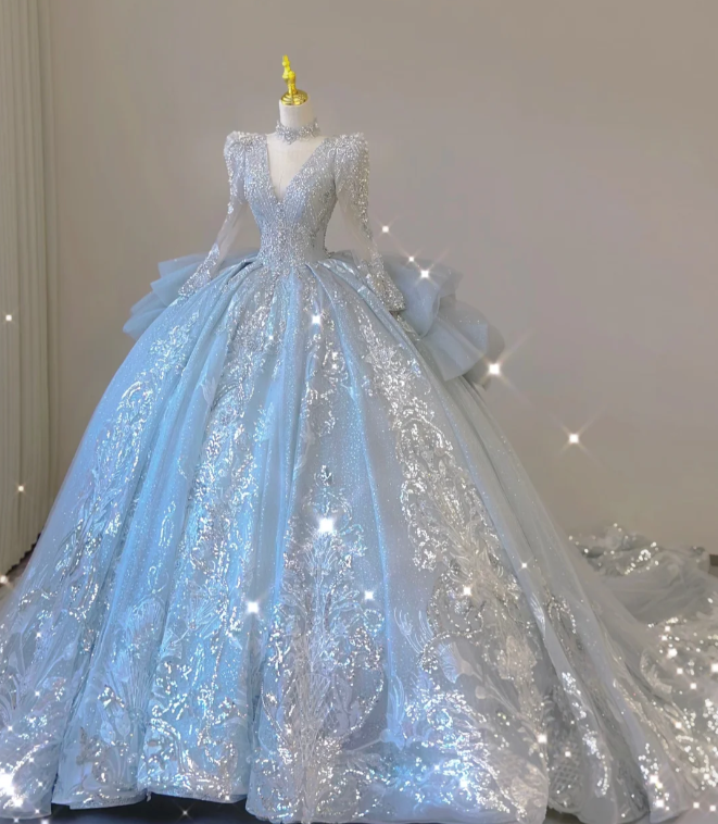 Robe de mariée intemporelle à manches longues et décolleté en V, paillettes bleues, DP465