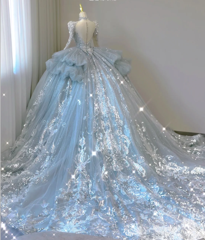 Robe de mariée intemporelle à manches longues et décolleté en V, paillettes bleues, DP465