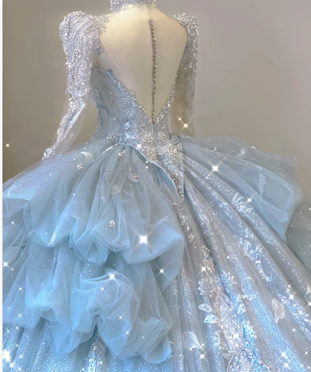 Robe de mariée intemporelle à manches longues et décolleté en V, paillettes bleues, DP465
