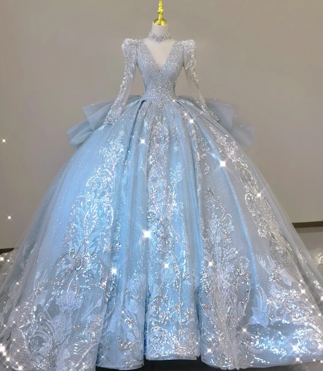 Robe de mariée intemporelle à manches longues et décolleté en V, paillettes bleues, DP465