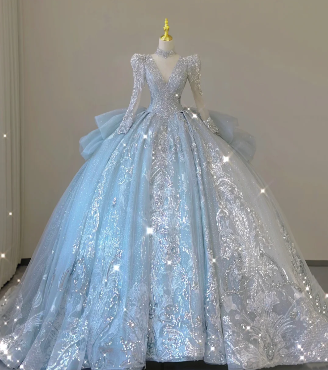Robe de mariée intemporelle à manches longues et décolleté en V, paillettes bleues, DP465