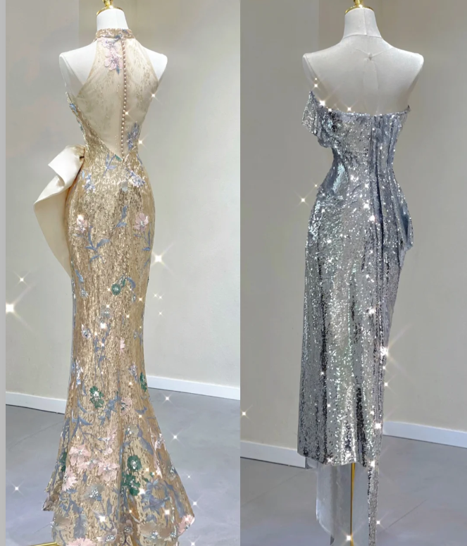 Pretty Mermaid Strapless Sleeveless Sequin Long Prom Dresses Simple Evening Dresses DP466