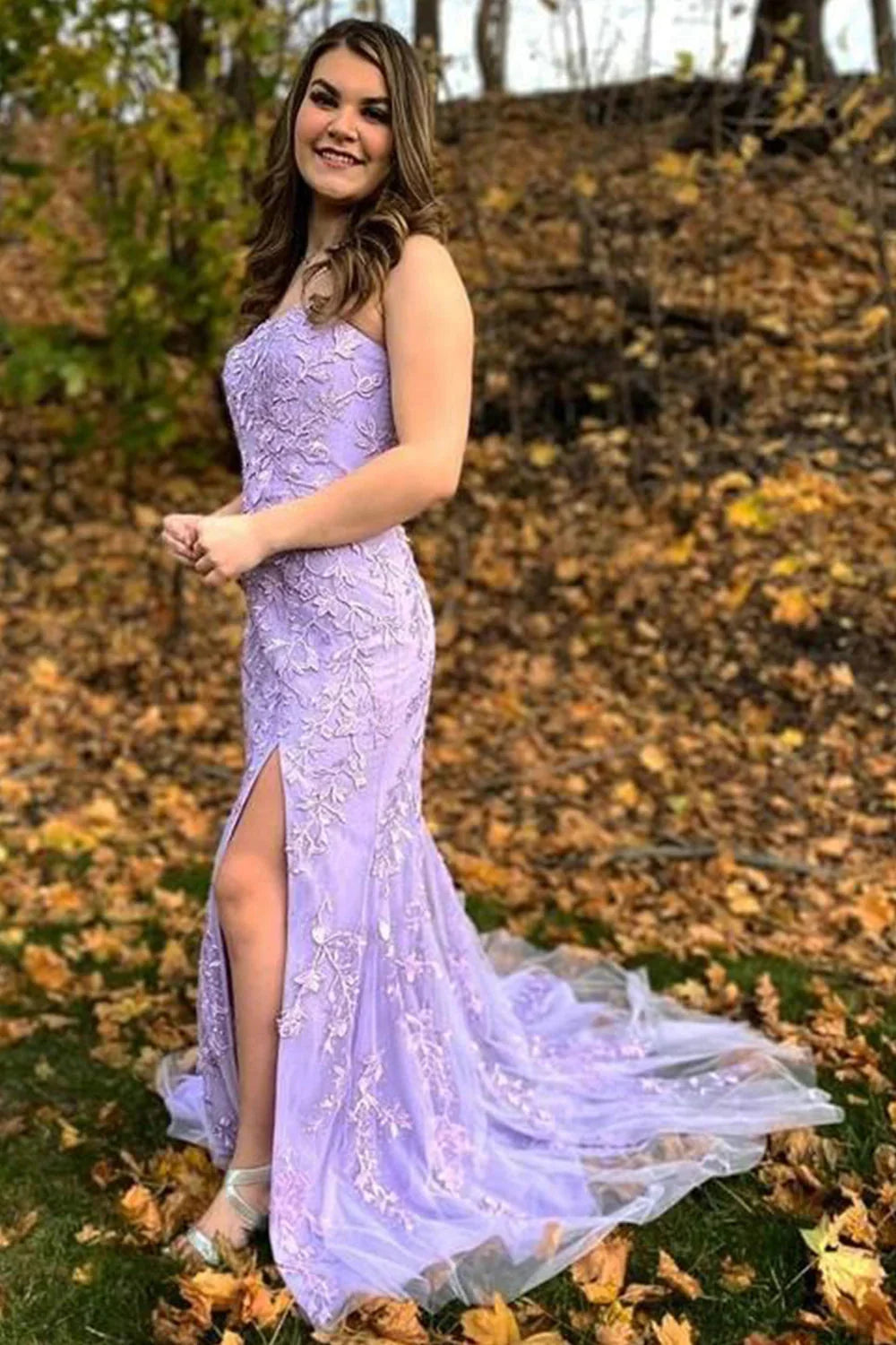 Pretty Strapless Prom Dress Mermaid Lace Long Evening Dress with Split Graduation Dress DP483