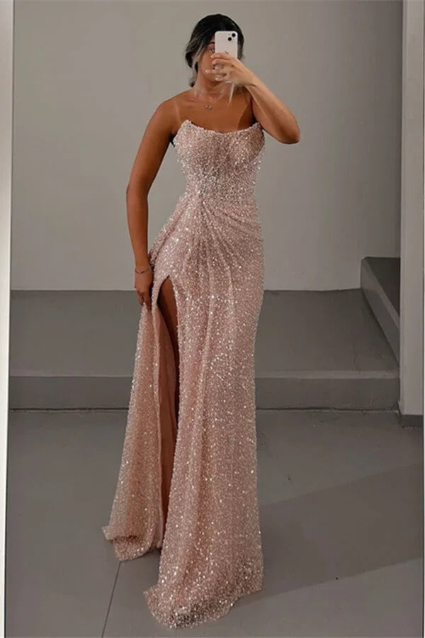 Classy Classic Strapless Sleeveless Mermaid Evening Gowns With Split Sequins Long formal Dress DP492