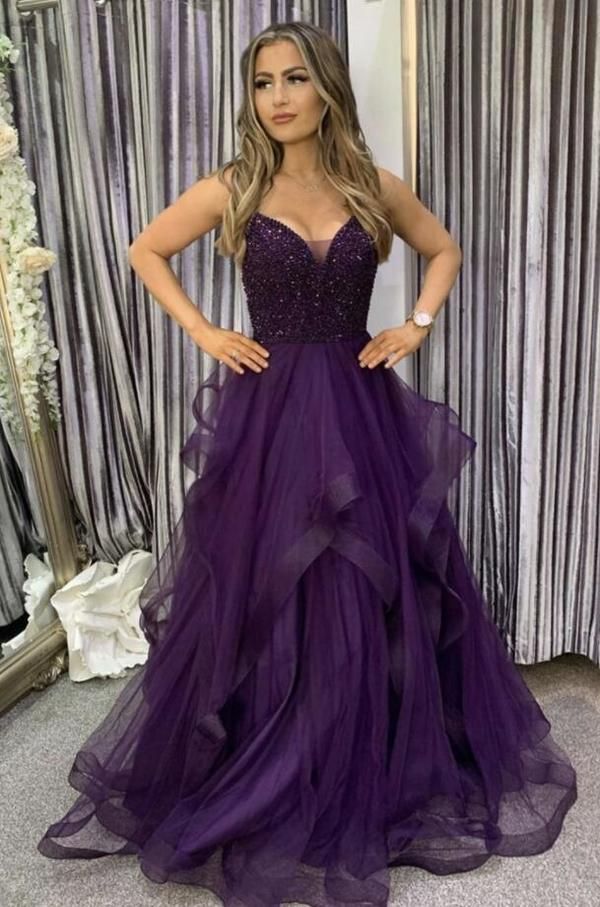Classy A-Line V Neck Tulle Prom Dresses with Beading Long Formal Dress DP494